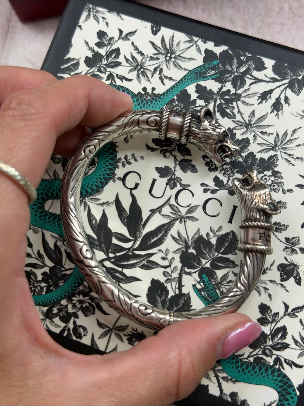 Gucci Silver Wolf Head Open Cuff Bracelet
